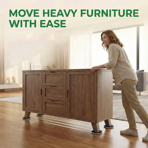 Eight Pack Extra Large Furniture Sliders For Carpet And Hardwood Floors Heavy Duty Reusable Gliders seen in use moving a wooden cabinet.