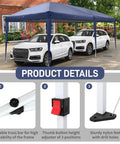 Ten By Twenty Foot Pop Up Canopy Tent With Six Sidewalls Blue Outdoor Gazebo covering two cars, showing frame and height adjuster details.