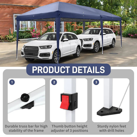 Ten By Twenty Foot Pop Up Canopy Tent With Six Sidewalls Blue Outdoor Gazebo covering two cars, showing frame and height adjuster details.