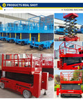 Heavy Duty Hydraulic Scissor Lift Cart With Adjustable Height Work Platform For Industrial Hubs And Pro Crews in blue and red colors
