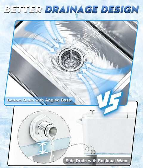 Comparison between bottom drain with angled base and side drain with residual water for better drainage design.