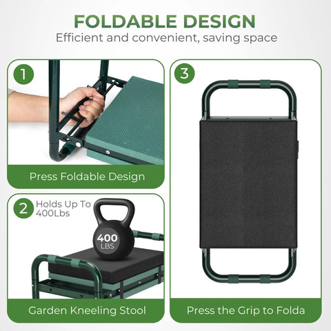 Diagram showing usage and benefits of Foldable Garden Kneeler Seat Bench With Cross Body Tool Bag And Removable Pouch Heavy Duty Stool