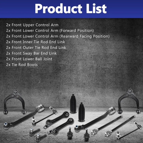 Front Control Arm Suspension Kit 16pc For 2011 2019 Dodge Charger OE Compatible Replacement Upgrade Front End Suspension Parts Beefed Up Ride Durable Performance, black steel parts layout