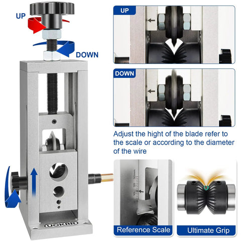 Manual Wire Stripper Machine For Drill With Hand Crank Portable 0.06 to 1 Inch Cable Stripping Tool featuring blade adjustment scale.