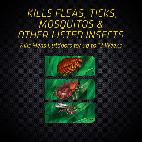 Flea and Tick Killer Concentrate For Yard Control Ready To Spray 32 Ounces with images of flea, tick, and mosquito.