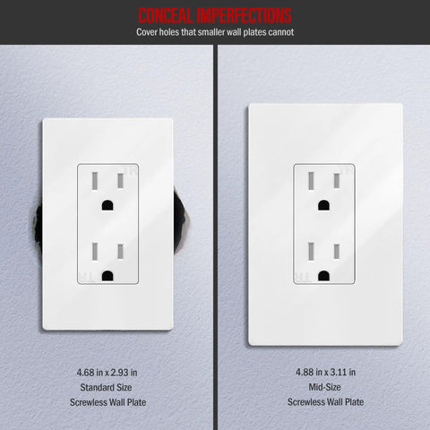 Comparison of standard and mid-size Screwless Decorator Wall Plate 1-Gang White Gloss Finish Outlet Cover, Kid Safe, Built Tough