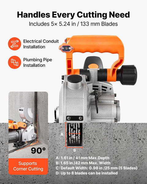 Powerhouse Wall Chaser for Concrete and Brick, 6800 RPM Electric Groove Cutter showing depth and width dimensions on concrete