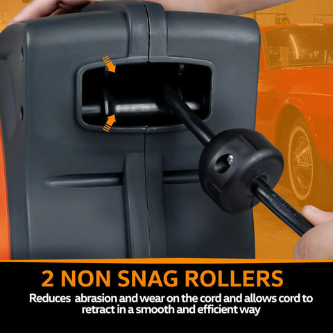 Retractable Extension Cord Reel With 50 Ft 16 AWG SJTOW Cable in polypropylene case showing non-snag rollers.