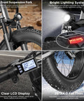 Beast 1000W Peak Electric Mountain Bike for Adults with front suspension, LCD display, lighting, and 26x4.0 fat tires.