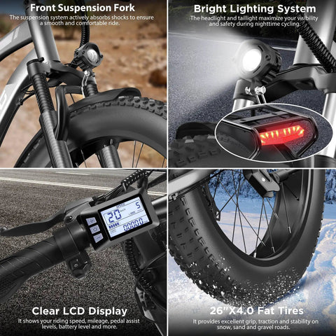 Beast 1000W Peak Electric Mountain Bike for Adults with front suspension, LCD display, lighting, and 26x4.0 fat tires.