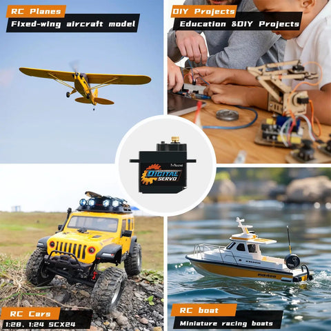 Collage showcasing uses for 12G Metal Gear Digital RC Steering Servo Upgrade Kit in planes, cars, boats, and DIY projects.