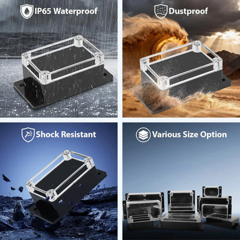 IP65 Waterproof ABS Junction Box With Clear Cover Enclosure For Indoor And Outdoor Use Rugged Black Project Box With External Mounting Ears Tough As Nails Weather Ready 3.9 By 2.6 By 1.9 Inches, clear lid black base