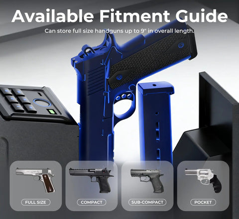 Grab That Biometric Slider Safe With Four Fast Unlocks, Wall Mountable Vault For Nightstand, desk, or daily ride, fitment guide for full size handguns.
