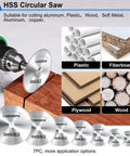 Front view of 45-piece HSS circular saw blade kit for rotary tools; includes 6 mandrels; for metal, wood, plastic, plywood, fiberboard.