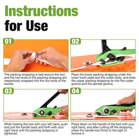 Instructions for use of Heavy Duty Manual Banding Strapping Kit featuring 985 feet of 3/4 inch woven cord and 200 metal buckles.