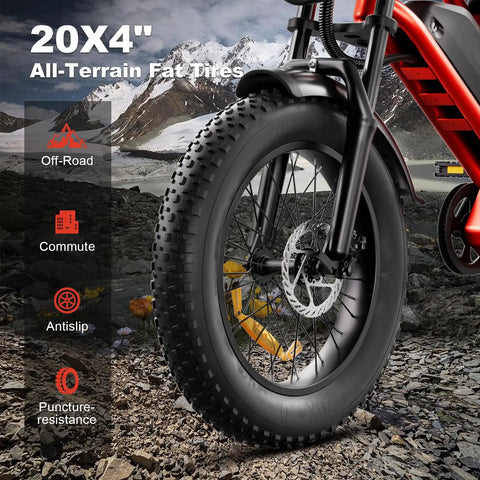 Front view of the Beast 1500W Fat Tire Electric Bike with rugged 20x4" all-terrain tires on a rocky mountain trail.
