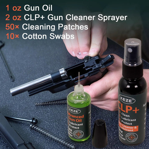 Hands cleaning a firearm using 4 In 1 CLP Gun Lubricant Kit With 2 Oz Fine Mist Sprayer And 1 Oz Needle Oiler, Cleaning Patches And Swabs.