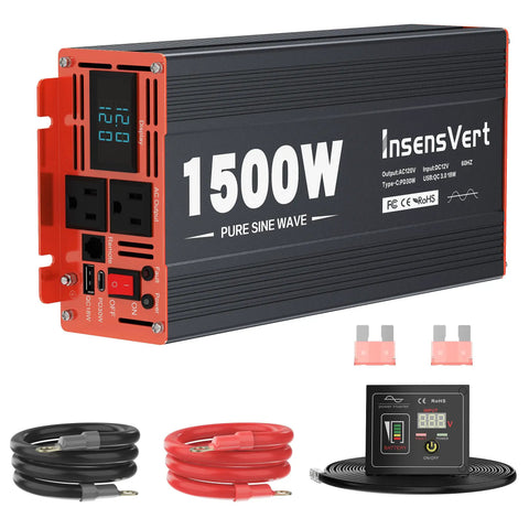 No Sweat Heavy Duty 1500 Watt Pure Sine Wave Power Inverter DC 12V To 120V AC features dual AC plugs and LCD panel.