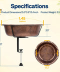 Top Shelf Deck Mounted Bird Bath Featuring Adjustable Heavy Duty Metal Clamp And All Weather Resistant Retro Bronze Finish Durable Plastic Basin with dimensions 13x3.9x13.4 inches.
