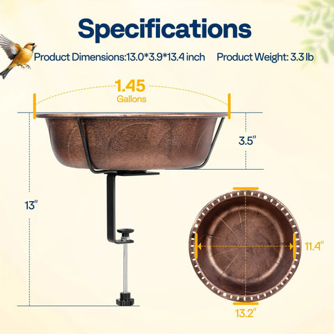 Top Shelf Deck Mounted Bird Bath Featuring Adjustable Heavy Duty Metal Clamp And All Weather Resistant Retro Bronze Finish Durable Plastic Basin with dimensions 13x3.9x13.4 inches.
