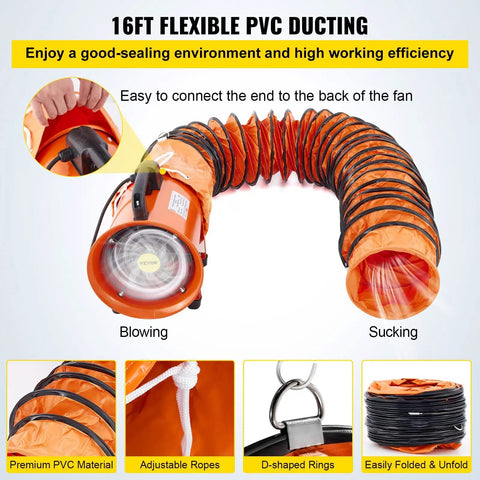 High Velocity Portable Axial Blower With 16 Ft Duct Hose, 12 Inch Fan, showing flexible PVC ducting and connection details