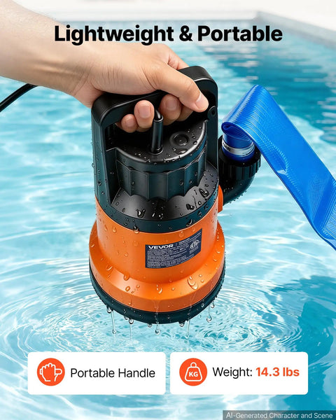 Heavy Duty Submersible Water Pump With 25 Foot Hose Offering One Point Two Horsepower And Five Thousand Gallons Per Hour Output near water with portable handle.