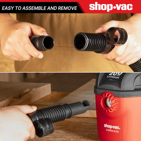 Person connecting Beefy 4 Ft Vacuum Hose 1-1/4 Inch Diameter For Wet Dry Vacuums to a shop vac unit