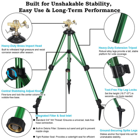 Two Pack Impact Sprinklers On Tripod Bases With 360 Degree Brass Heads, Heavy Duty Metal Tripod, Stakes Included, product features