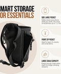 Climbing Chalk Bag With Waist Belt And Carabiner For Rock Climbing And Bouldering showing side pocket with smartphone
