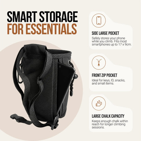 Climbing Chalk Bag With Waist Belt And Carabiner For Rock Climbing And Bouldering showing side pocket with smartphone