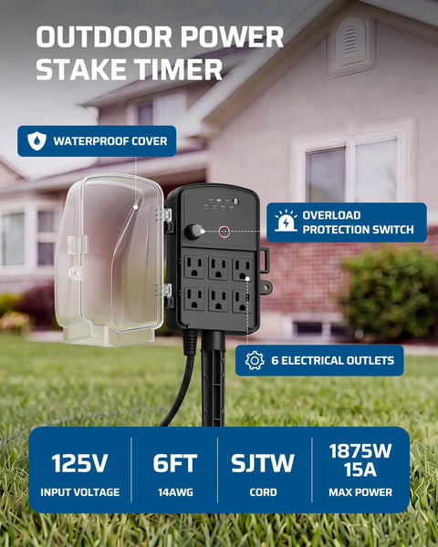 Top Notch Outdoor Power Stake Timer With Waterproof Shell And Automatic Dusk To Dawn Scheduling delivers six grounded outlets on a timer.