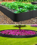 Heavy Duty 4 Inch Galvanized Steel Landscape Edging Kit, 6 Pack, in use in a garden, forming borders for plants and flowers, matte black finish
