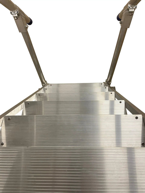 Heavy Duty Aluminum Dock Stairs With Five Wide Platforms And Twin Handrails view from top, showcasing ribbed steps and handrails.