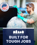 Man placing Ultra Tough 55 To 60 Gallon Trash Bags 1.5 Mil Clear Liners 38 By 58 Inches Puncture Resistant into garbage bin.