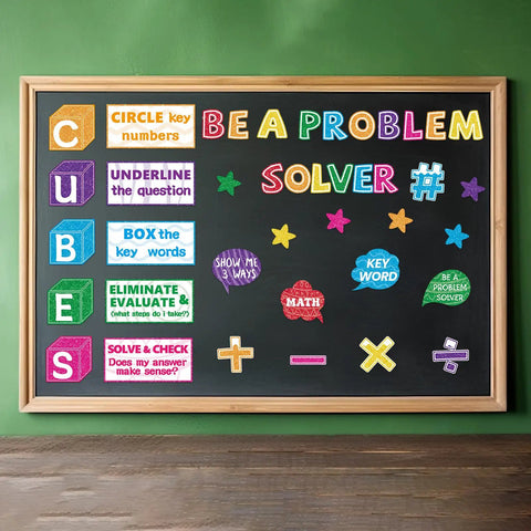 41 Piece Math Bulletin Board Set With Cubes And Math Keywords Paper Cutouts for classroom use displayed on green wall