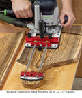 Solid Multi Function Router Base Built With Tough Three Eighth Inch Guide Rods For Dead On Edge Guidance Smooth Arc Routing And Exact Circle Cutting A Real Shop Essential That Makes Tricky Cuts A Breeze All Around in use on wood for precise arc cutting.