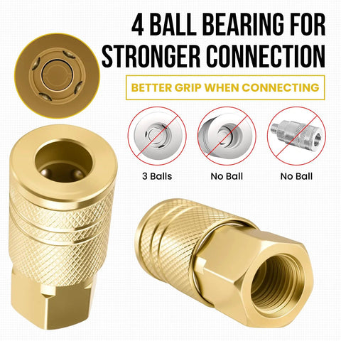 Three Pack One Quarter Inch NPT Brass Air Coupler And Plug Kit With Quick Connect Fittings, showing close-up of ball bearing detail