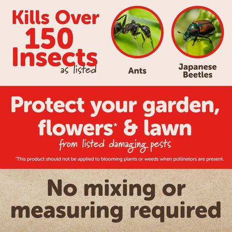 Insect Killer Dust For Lawn And Yard 1 Pound Ready To Use Kills 150 Plus Pests On Contact Including Ants Japanese Beetles Whiteflies Aphids And More Safe For Flowers And Plants label with images of ants and Japanese beetles, promoting protection for gardens and lawns.