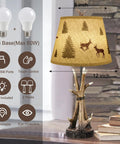 Deer Antler Table Lamps Set Of 2 3 Way Dimmable Touch Bedside Lamps For Living Room Rustic Cabin Style Nightstand Lamps Western Resin Antlers Includes Two Bulbs Cozy Forest Vibe, shown with deer-print shade and measurements on wooden table.