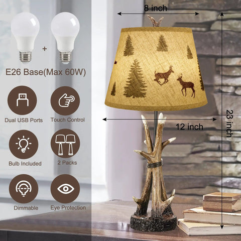 Deer Antler Table Lamps Set Of 2 3 Way Dimmable Touch Bedside Lamps For Living Room Rustic Cabin Style Nightstand Lamps Western Resin Antlers Includes Two Bulbs Cozy Forest Vibe, shown with deer-print shade and measurements on wooden table.