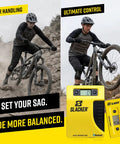 MTB Suspension Tuning Kit With Digital Sag Tool and rider, showing improved control on rocky mountain trail with portable system