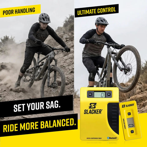 MTB Suspension Tuning Kit With Digital Sag Tool and rider, showing improved control on rocky mountain trail with portable system