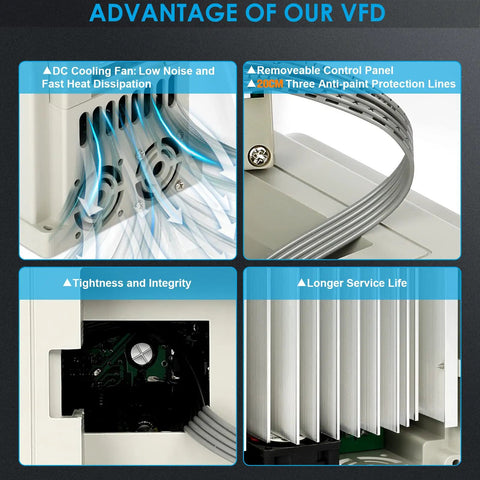 220V Single Phase To 3 Phase VFD Inverter features cooling fan and control panel, showcasing heat dissipation and longevity.