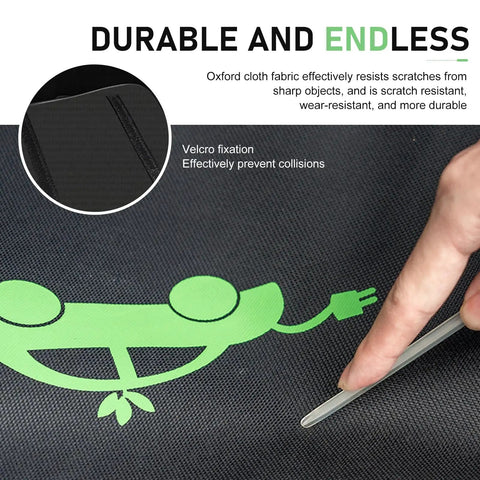 Heavy Duty Waterproof Oxford EV Charger Bag Stores All Your Cables And Guns Securely Includes A Comfy Grip Handle Universal Fit Keeps Your Rig Slick And Zero Sweat close-up of durable oxford cloth with Velcro fixation