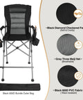 Extra Tall Folding Director Chair For Big And Tall Adults Up To 330 Lbs Bar Height Portable Camp Chair With High Back Footrest And Makeup Pocket Black For Outdoor Use showing fabric details and bag.