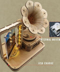 Vintage Gramophone 3D Puzzle Kit With Wooden Model DIY Music Box And Acrylic Photo Frame showcasing internal movement and USB charge