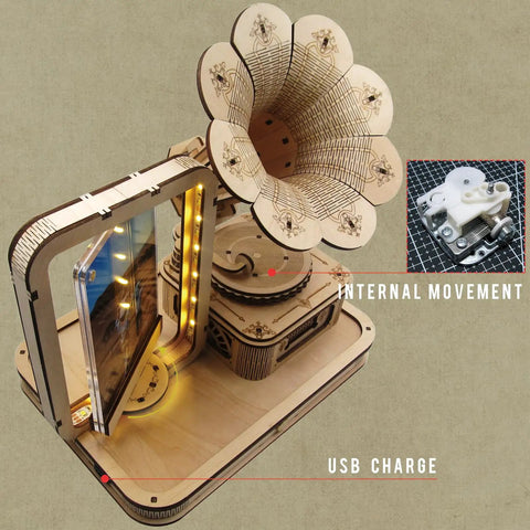 Vintage Gramophone 3D Puzzle Kit With Wooden Model DIY Music Box And Acrylic Photo Frame showcasing internal movement and USB charge