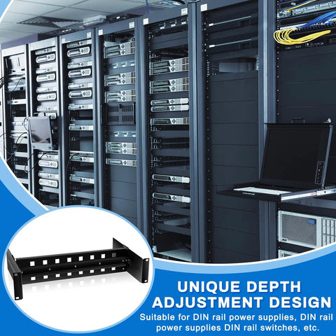 Black 19 Inch Rack Mount DIN Rail Kit Aluminum Alloy Adjustable Rails Bracket for industrial media converters and Ethernet switches.