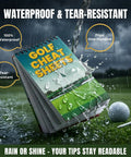 Golf Cheat Sheets Pocket Guide: 175 Plus Quick Reference Tips, waterproof, displayed with rain highlighting durability.