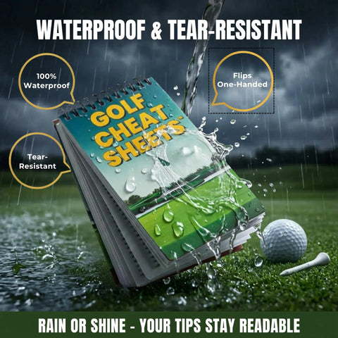 Golf Cheat Sheets Pocket Guide: 175 Plus Quick Reference Tips, waterproof, displayed with rain highlighting durability.